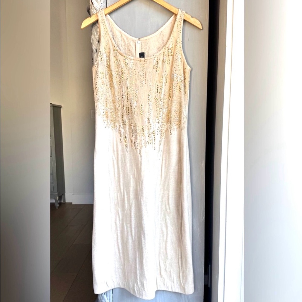 St. John Evening Midi Dress Sz 12 Gold Stud Embellished Wool Bodycon Tank Style